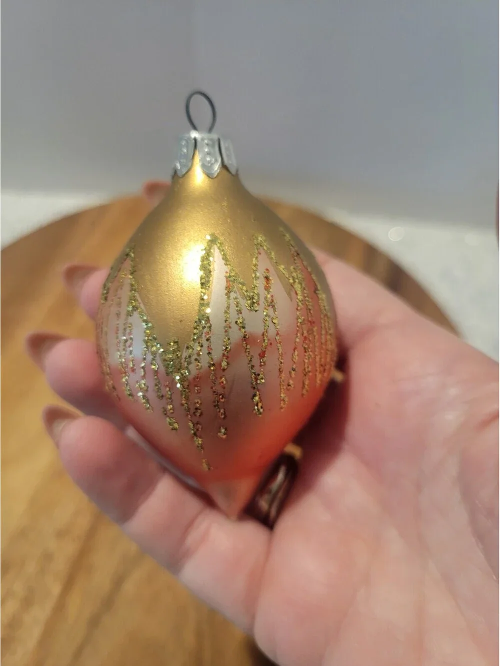 2 Vintage Teardrop Blown Glass Hand Painted Mica Glitter Christmas Ornaments 3